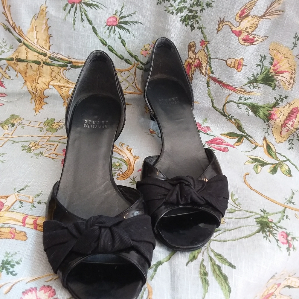 Stuart Weitzman black patent peep toe wedge